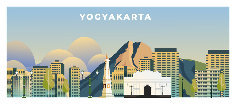 Yogyakarta City Skyline Horizontal Banner with Merapi Mountain and  monument 