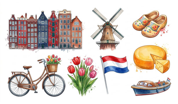 Watercolor Netherlands travel elements set with traditional Amsterdam houses, windmill, and tulip bouquet.