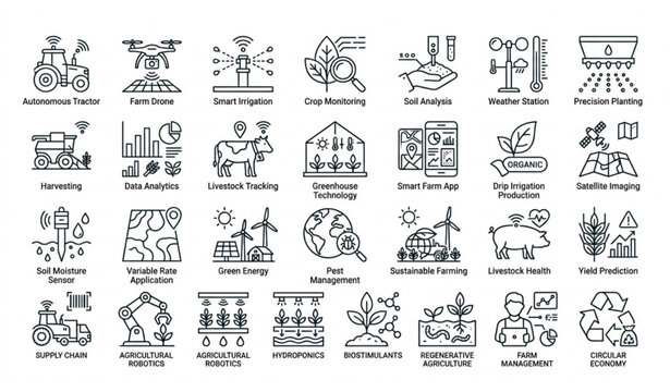 Smart agriculture and modern precision farming line icon set featuring autonomous tractor, drone, and robotics