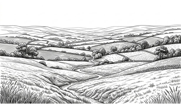 Hand drawn sketch of patchwork fields landscape with rolling hills and countryside rural scenery.