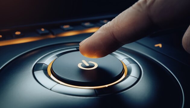 Close-up of a finger pressing a power button with a glowing orange light, symbolizing technology and innovation