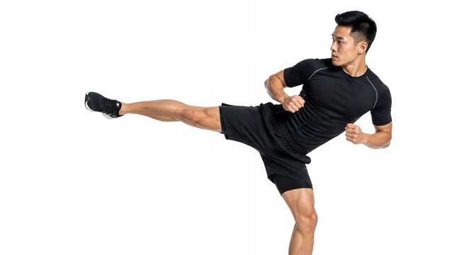 Athletic Asian Man Performing High Side Kick in Sportswear Isolated on White Background.