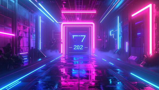 A futuristic neon-lit corridor with glowing pink and blue lights leads to a doorway with the number 202, showcasing a technological ambiance.