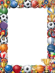 Frame features assorted sport balls, trophies, and ribbons in vibrant colors, perfect for a sports day celebration at school.
