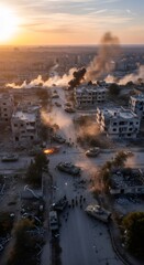 Fototapeta premium Aerial view of tanks in ruined city during military conflict. Soldiers patrolling destroyed urban area with smoke and fire at sunset. Armed combat, global war and destruction concept.