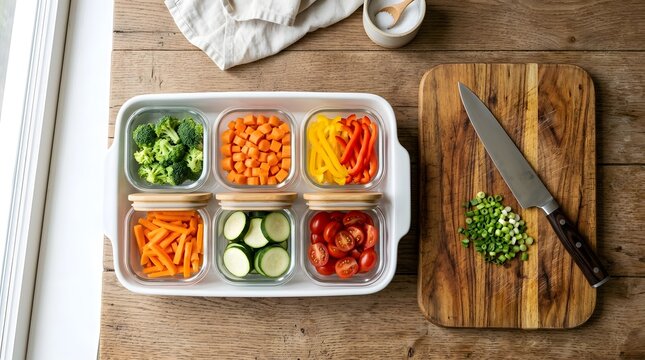 Top down view of a kitchen tray with fresh chopped vegetables for meal prep