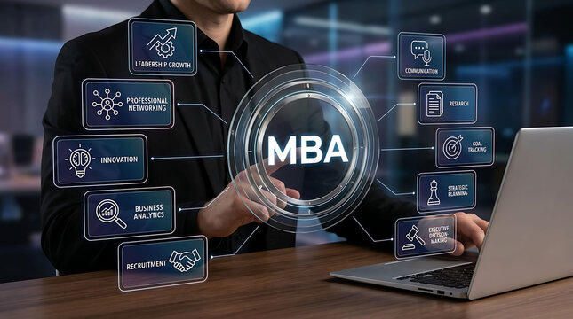 MBA Master of Business Administration online learning corporate laptop background