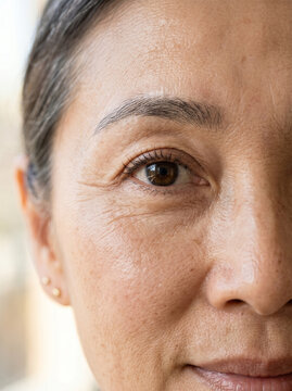 Hyperrealistic macro beauty portrait eye woman face skin close up mature, adult with brown iris, natural eyebrow, fine line, pore texture, calm expression, soft light