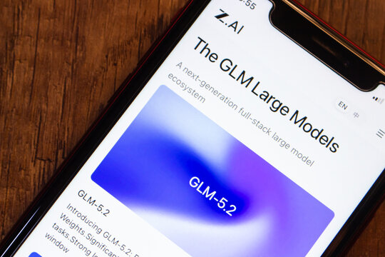 Mexico City, MEXICO - Jun 25 2026 : Smartphone displaying the Z.ai website page (by Zhipu AI) with the banner of The GLM Large Models.