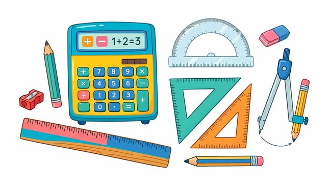 Set of colorful hand drawn school supplies and math tools.