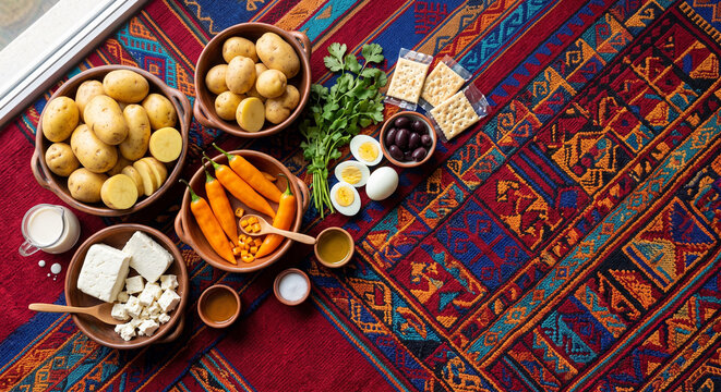 Top down flat lay of Peruvian Papa a la Huancaina ingredients on alpaca textile