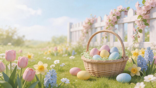 Easter basket with colorful eggs in garden