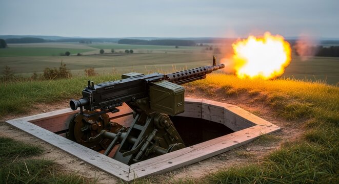 Heavy machine gun firing from defensive trench position in open field. Military artillery weapon shooting with muzzle flash. Combat encounter during active defense operations. Army weaponry.