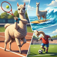 Obraz premium Llama sports collage tennis soccer surfing.