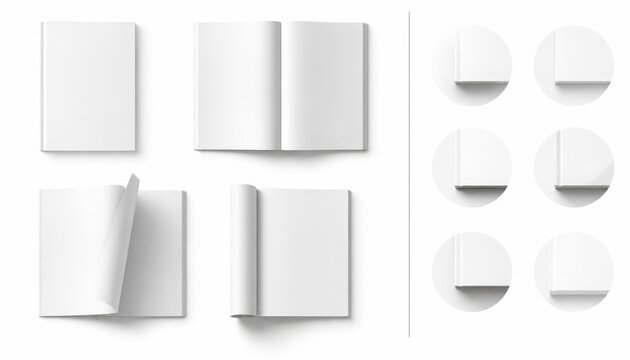 Collection of blank book and magazine mockups on white background for design presentation