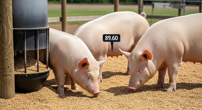 Pigs eating from a feeder farm.