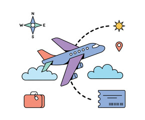 Naklejka premium Doodle style Airplane flying through clouds with travel compass location.