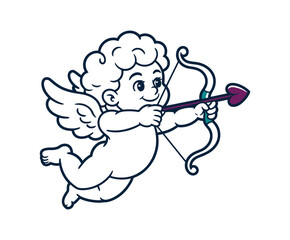 Fototapeta premium Cute cupid aiming bow and arrow with heart shaped arrow angel baby flying.