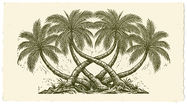 Tropical landscape features three intertwined palm trees on sandy beach