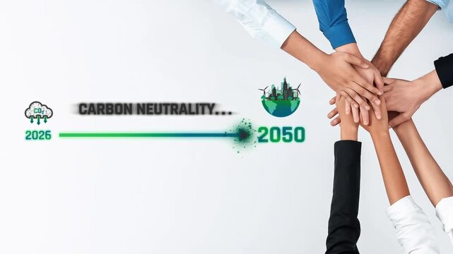 A visual representation of hands uniting, symbolizing the collaborative effort needed to achieve carbon neutrality by 2050. The image emphasizes teamwork and environmental responsibility. Raster