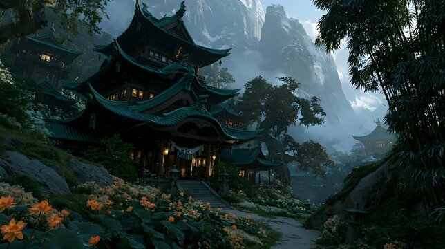 ancient asiatic temple in the misty mountains
