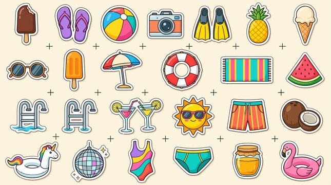 Summer vacation icons arranged on a surface