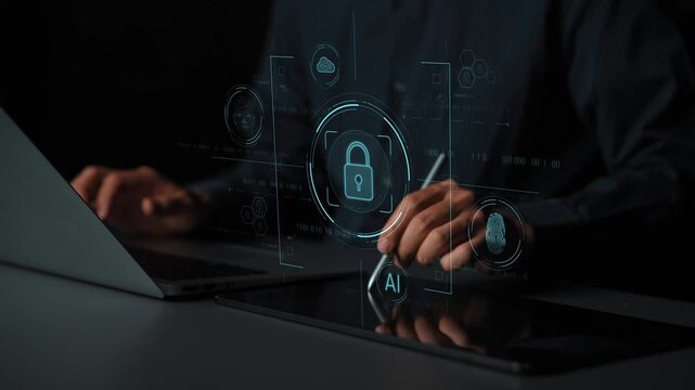 Cybersecurity system interface with biometric lock and data protection. Cybersecurity protects access, identity, cyber security prevents threats, and cyber security supports digital systems. Marrow