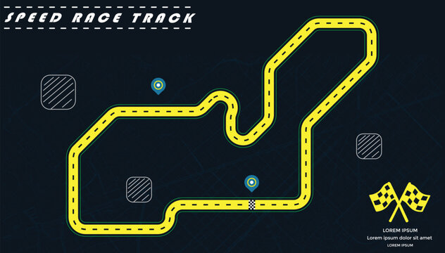 Road track or Race track in yellow color isolated on dark background with a street map.