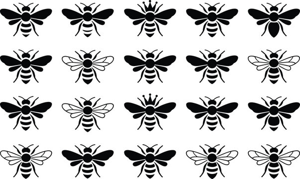 Honey bee silhouette collection with different wing patterns and queen bee crown symbols icon set