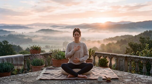 Peaceful woman practicing breathwork meditation on a terrace at sunrise