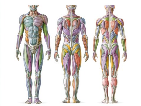 Diagram displays major muscle groups of the human body in front and back views, color-coded by region for clear understanding of human anatomy.