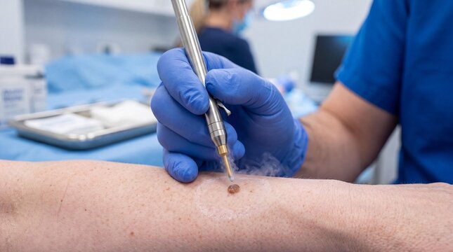 Dermatologist using cryotherapy pen to freeze a skin lesion on patient's arm