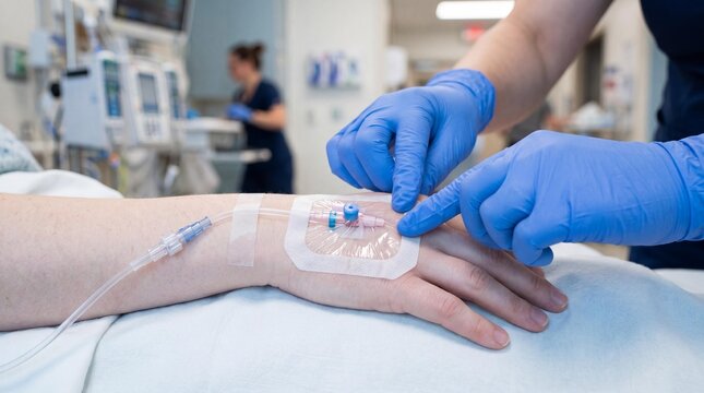 Nurse securing a transparent dressing over an IV cannula on a patient's hand