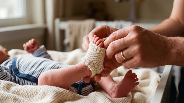 Parent gently putting a tiny knitted sock on a newborn baby's foot at home