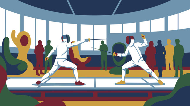 Two fencers competing in a training hall with spectators