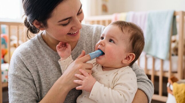 Loving mother cleaning her baby's first teeth with a silicone finger brush
