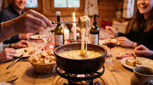 Dipping bread into hot melted Swiss cheese fondue at a cozy cabin dinner