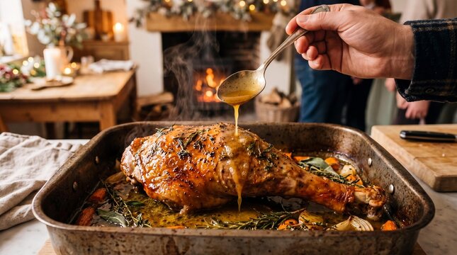 Basting a roasted turkey leg with savory pan juices for Thanksgiving dinner.
