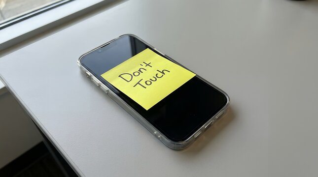 A yellow sticky note with handwritten text Don't Touch is adhered to the screen of a smartphone placed on a white surface near a window dont touch message reminder warning