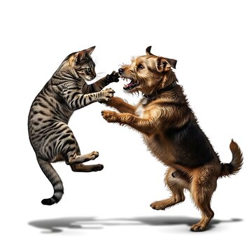 Playful dog and cat fighting together.