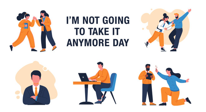 Employees protesting at office with frustrated coworkers working