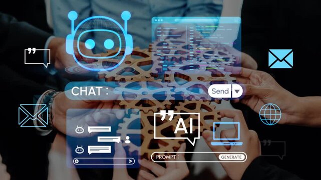 Collaborative Technology Concept with Hands Holding Gears, AI Chatbot Interface, Communication Icons, and Digital Data Representation in Modern Business Environment. Entropy.