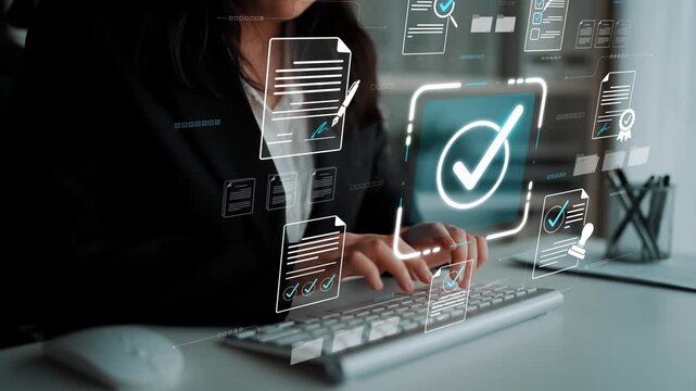Professional Woman Working with Digital Checkmarks and Documents on Computer in Modern Office Environment Sigmoid