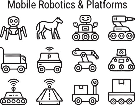 Autonomous Mobile Robot Outline Icons, Smart Warehouse Vehicles, AGV, UGV, AI Delivery Robots and Robotics Platform Vector Pack
