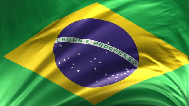 Realistic Brazil flag waving animation loop featuring a close up of the Brazilian national fabric blowing in the wind