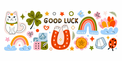 Fototapeta premium Good luck charms and symbols colorful vector illustration on white background