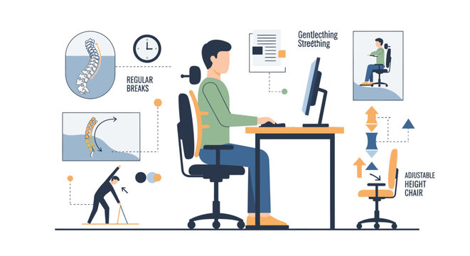 Man sitting at desk with computer and illustrations of healthy working posture around him in office.