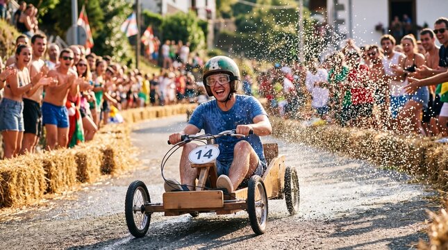 Young man racing a homemade wooden soapbox car through a water splash.