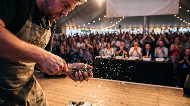 Professional chef shucking a fresh oyster at Galway Oyster Festival competition