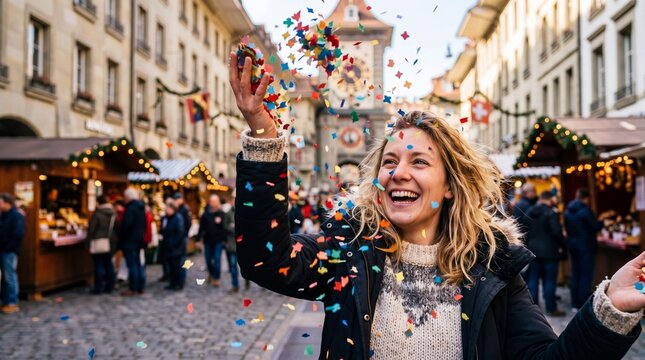 Happy woman throwing colorful confetti at Zibelem&auml;rit winter festival in Bern